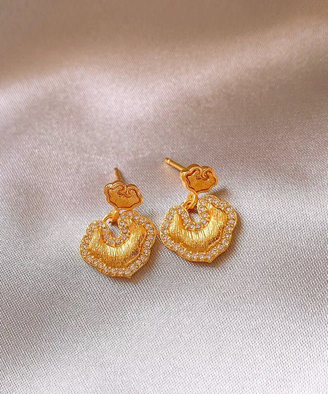 Gold Copper Overgild Zircon Ruyi Lockstud Earrings