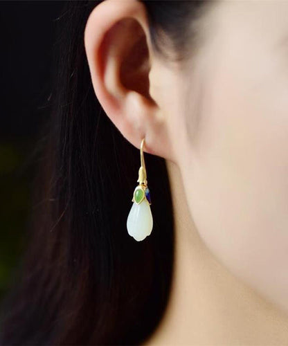 Gold Sterling Silver Overgild Jade Cloisonne Orchid Stud Earrings