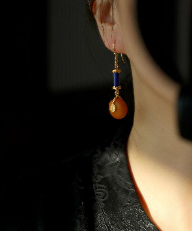 Orange Sterling Silver Overgild Amber Drop Earrings