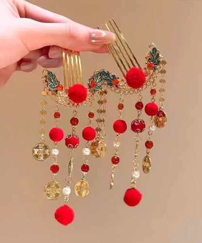 Red Copper Alloy Fuzzy Ball Decorated Tassel a Pair Hairpin