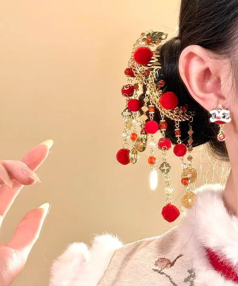 Red Copper Alloy Fuzzy Ball Decorated Tassel a Pair Hairpin