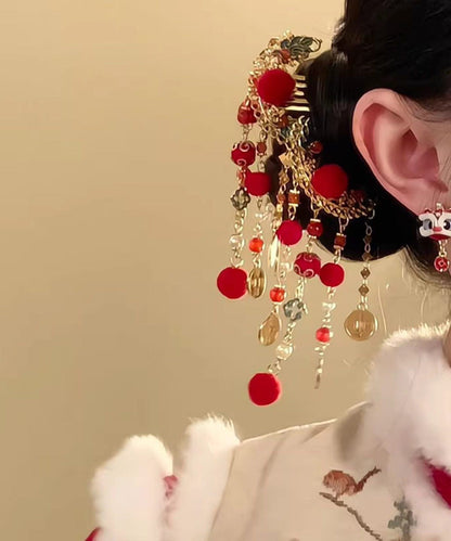 Red Copper Alloy Fuzzy Ball Decorated Tassel a Pair Hairpin