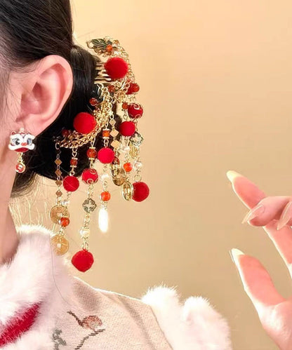 Red Copper Alloy Fuzzy Ball Decorated Tassel a Pair Hairpin
