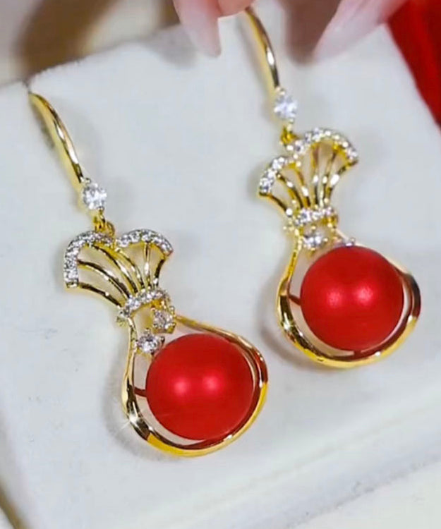 Red Stering Silver Overgild Zircon Pearl Money Bag Drop Earrings