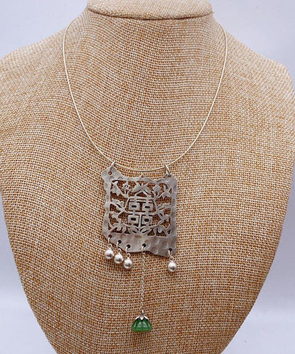 Silk Silver Plated Jade Tassel Lariat Necklace