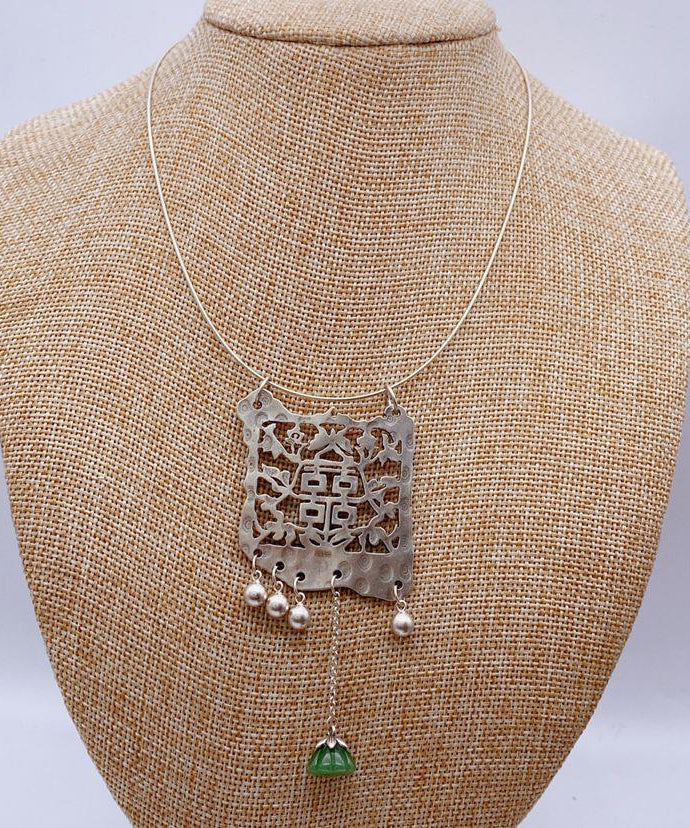 Silk Silver Plated Jade Tassel Lariat Necklace