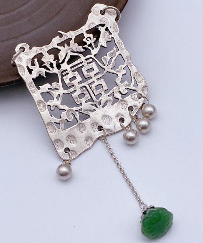 Silk Silver Plated Jade Tassel Lariat Necklace