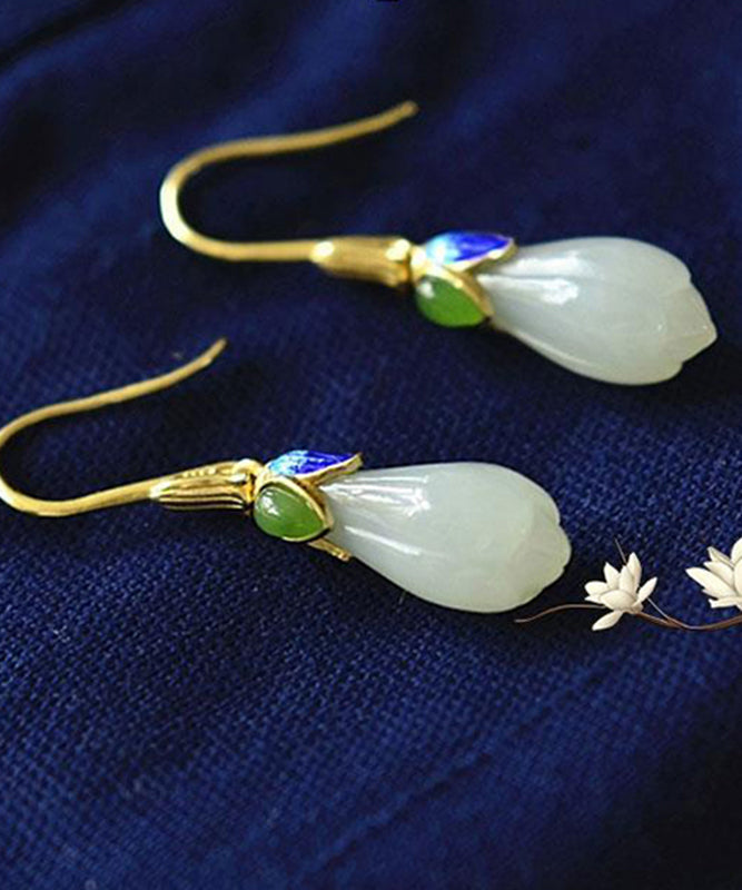 White Paitings Silver Jade Drop Earrings