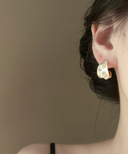White Sterling Silver Overgild Pearl C Shaped Hoop Earrings