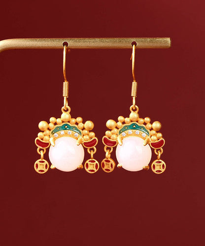 Yellow Ancient Gold Inlaid Zircon Pearl Dao Ma Dan Face Mask Drop Earrings
