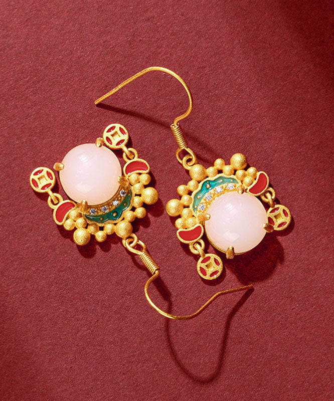 Yellow Ancient Gold Inlaid Zircon Pearl Dao Ma Dan Face Mask Drop Earrings
