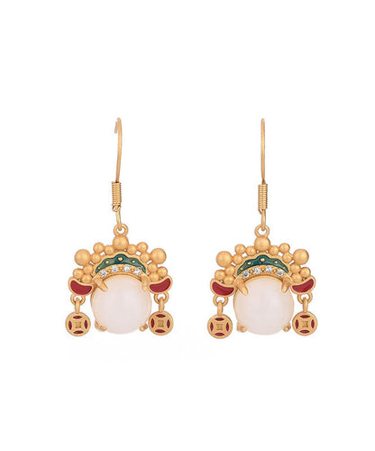 Yellow Ancient Gold Inlaid Zircon Pearl Dao Ma Dan Face Mask Drop Earrings