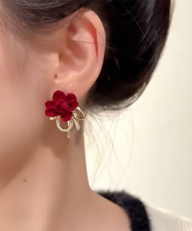 Vogue Red Copper Overgild Flocking Pearl Bow Stud Earrings
