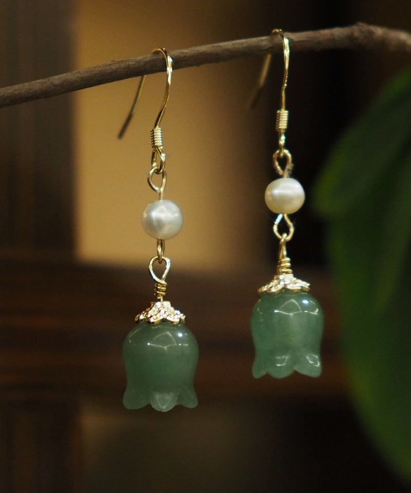 Gold Sterling Silver 14k Gold Jade Pearl Bell Orchid Drop Earrings