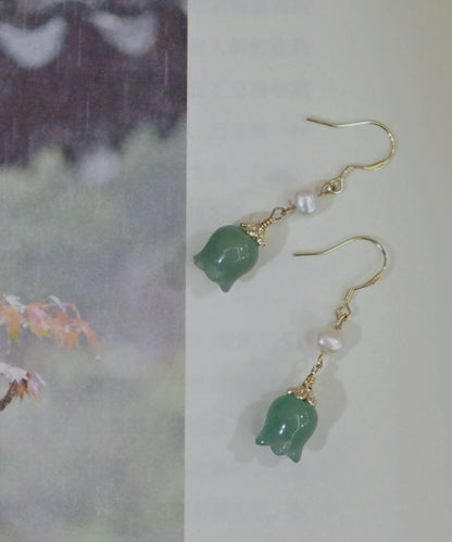 Gold Sterling Silver 14k Gold Jade Pearl Bell Orchid Drop Earrings