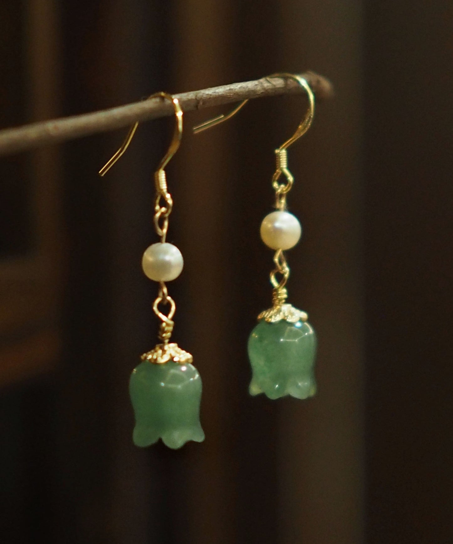 Gold Sterling Silver 14k Gold Jade Pearl Bell Orchid Drop Earrings
