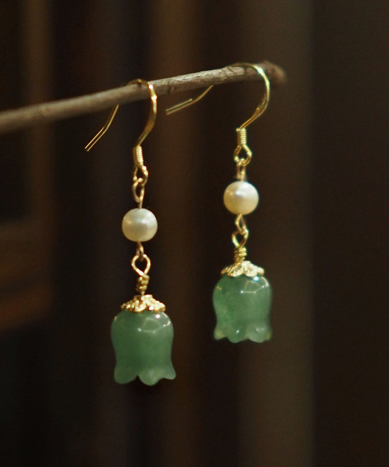 Gold Sterling Silver 14k Gold Jade Pearl Bell Orchid Drop Earrings