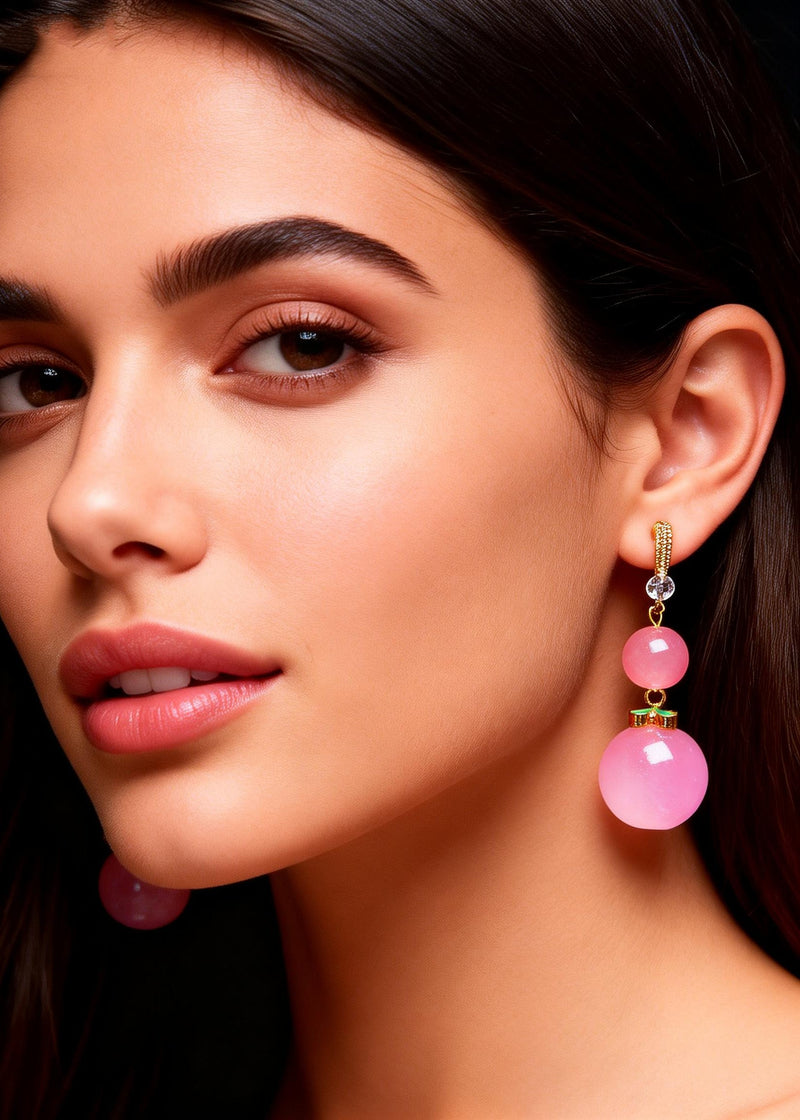 Pink Acrylic Ball Zircon Drop Earrings