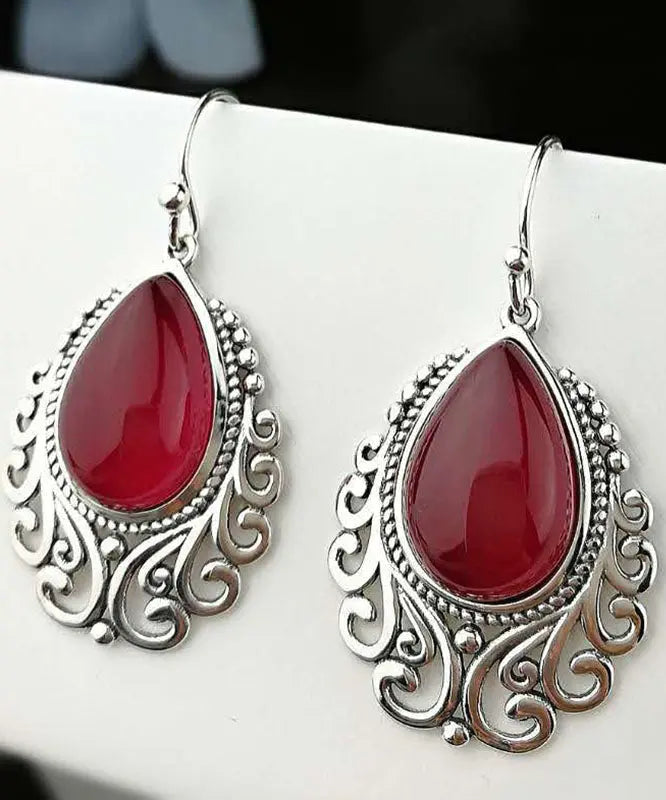Sterling Silver Hollow Out Jade Water Drop Drop Earrings
