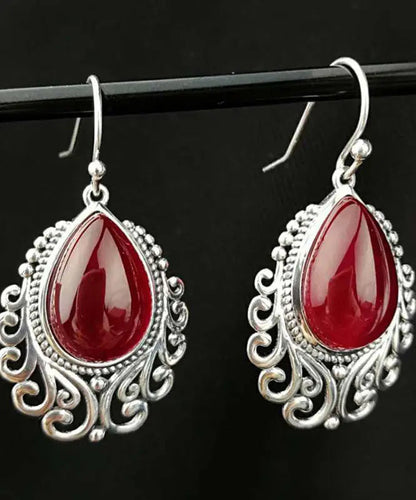 Sterling Silver Hollow Out Jade Water Drop Drop Earrings