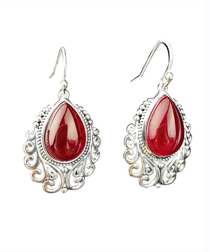 Red Sterling Silver Hollow Out Jade Water Drop Drop Earrings