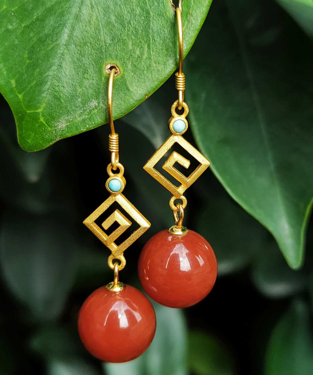 Red Sterling Silver Overgild Agate Turquoise Drop Earrings