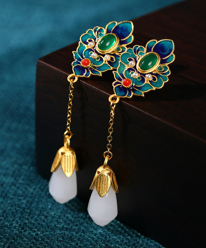Blue Jade Enamel Agate Orchid Drop Earrings