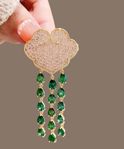 Green Alloy Auspicious Clouds Crystal Tassel Brooch