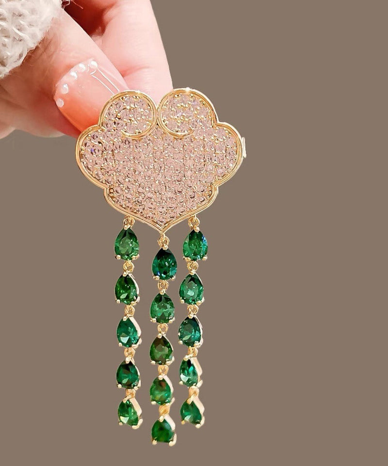 Green Alloy Auspicious Clouds Crystal Tassel Brooch
