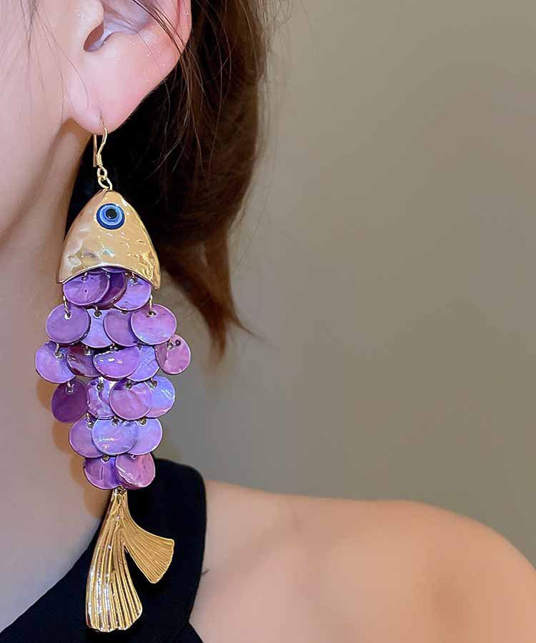 Diy Purple Alloy Shell Sequins Tassel Drop Earrings