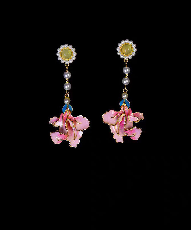 Rainbow Alloy Pearl Peony Enameling Tassel Drop Earrings