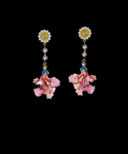 Rainbow Alloy Pearl Peony Enameling Tassel Drop Earrings