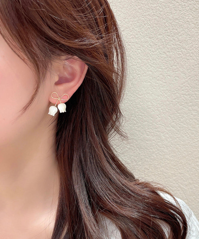 White Sterling Silver Alloy Bow Shell Stud Earrings