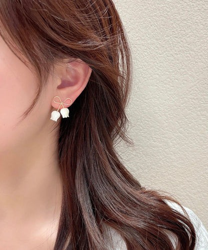 White Sterling Silver Alloy Bow Shell Stud Earrings