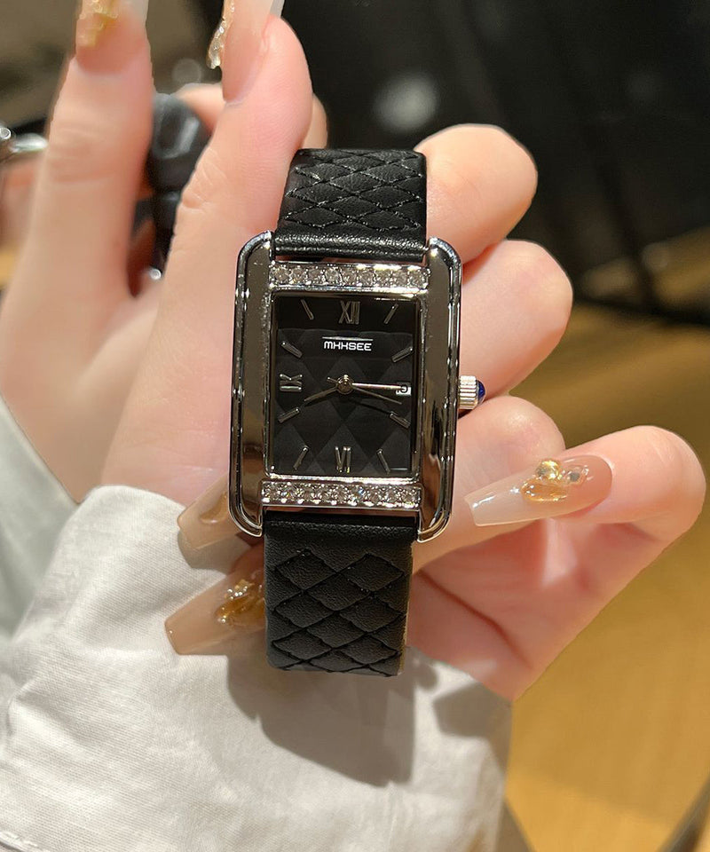 Black Leather Zircon Reinforced Glass Quartz Movement Watches