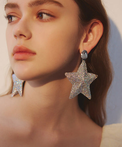 Five Pointed Star Zircon Exaggeration Silver Plated Drop Earrings