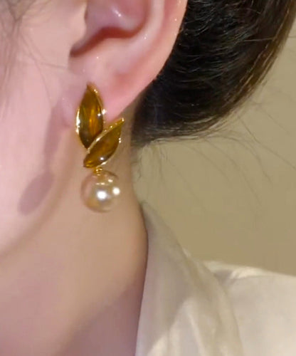 Coffee Sterling Silver Alloy Pearl Leaf Stud Earrings