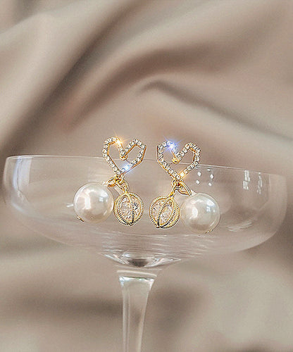 Gold Sterling Silver Alloy Zircon Love Pearl Drop Earrings