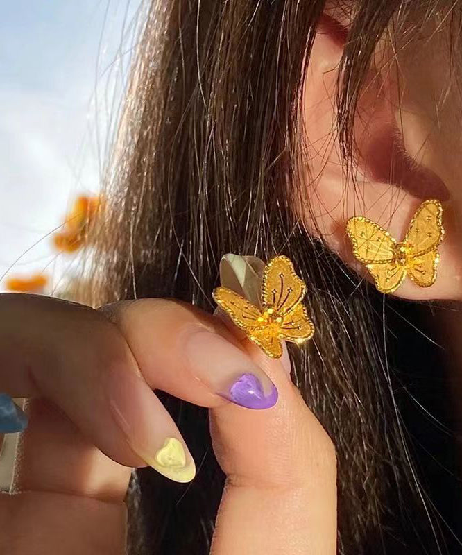 Diy Yellow Sterling Silver Overgild Crystal Butterfly Stud Earrings