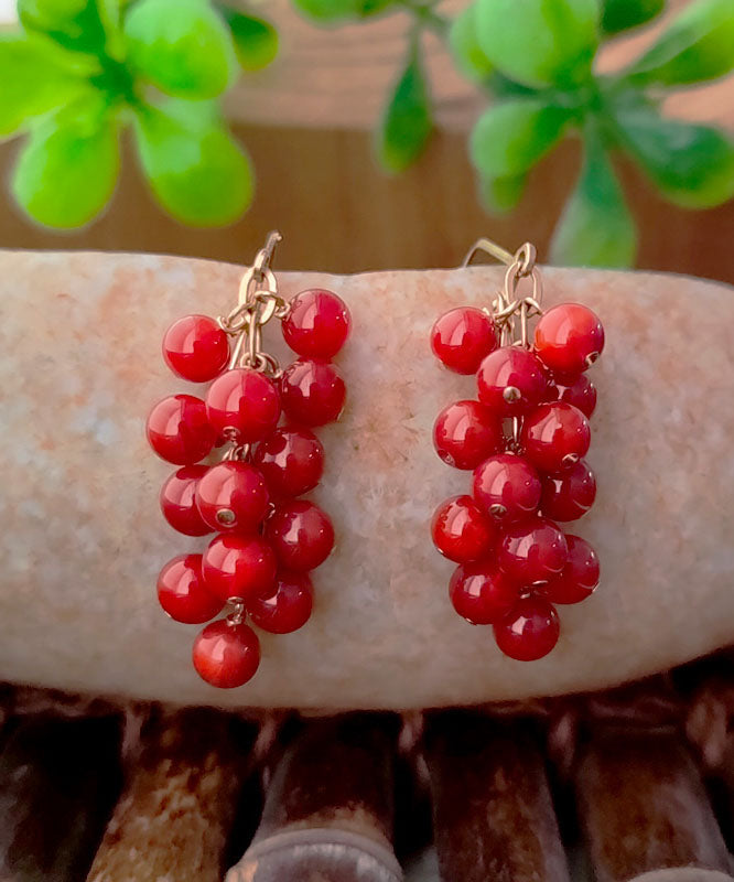Diy Red 14k Gold Cinnabar Grape Drop Earrings