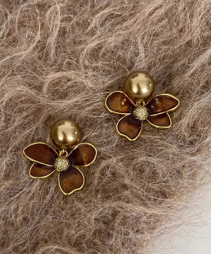 Coffee Copper Overgild Pearl Stud Earrings