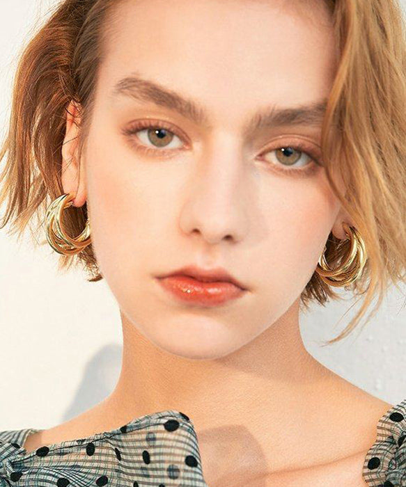 Stylish Gold C Shaped Three Laps Design Gold Plated Stud Earrings
