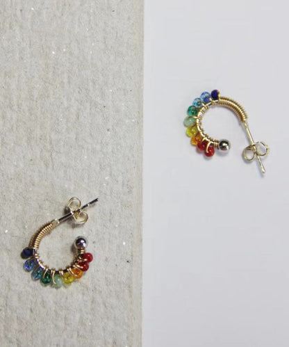 Rainbow Alloy Glass Bead Hoop Earrings