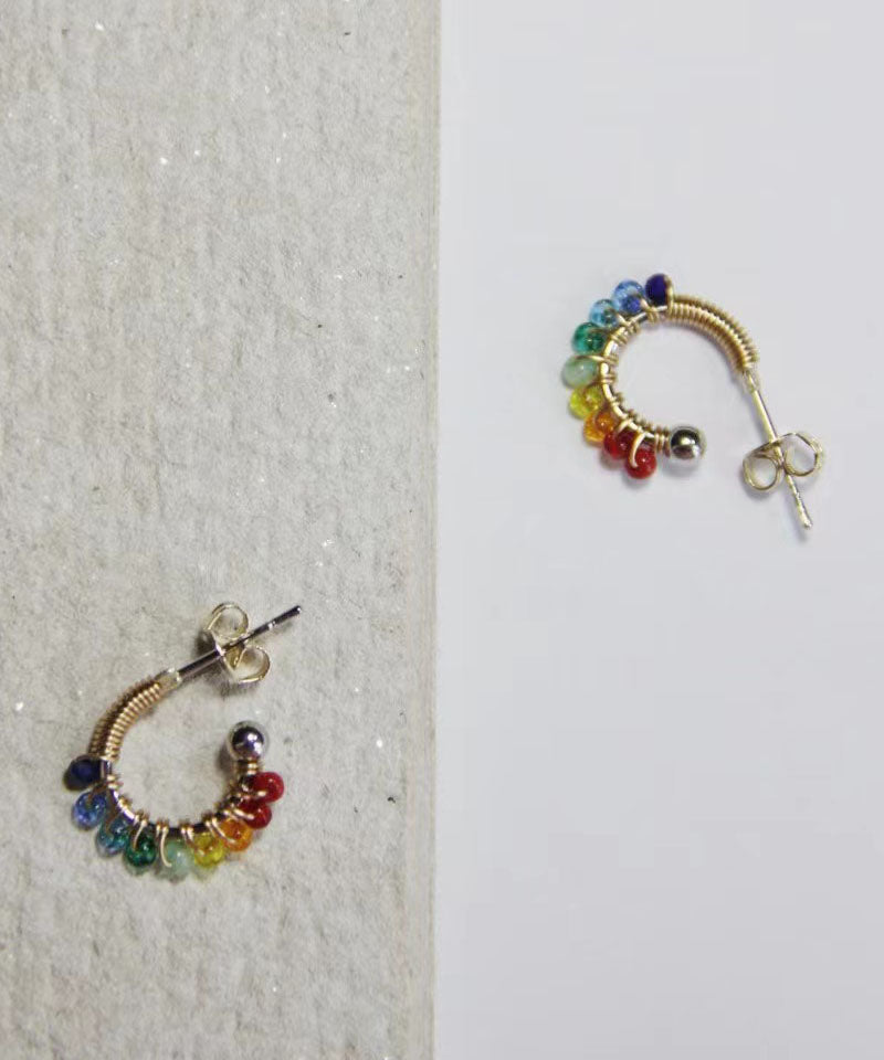 Rainbow Alloy Glass Bead Hoop Earrings