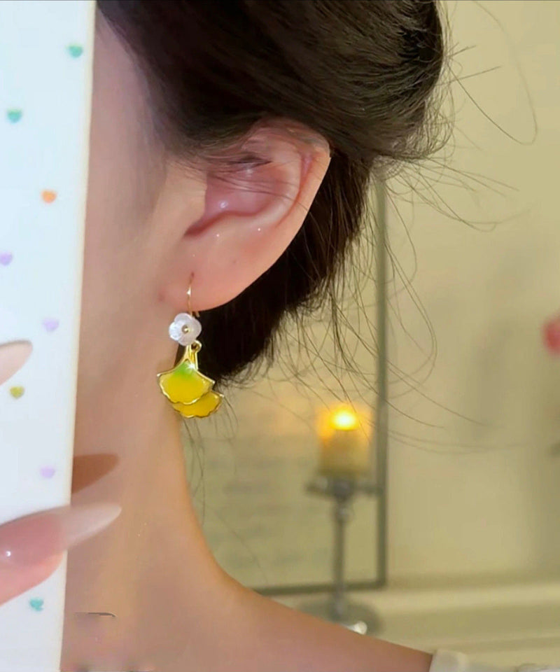 Yellow Copper Overgild Ginkgo Leaf Drop Earrings
