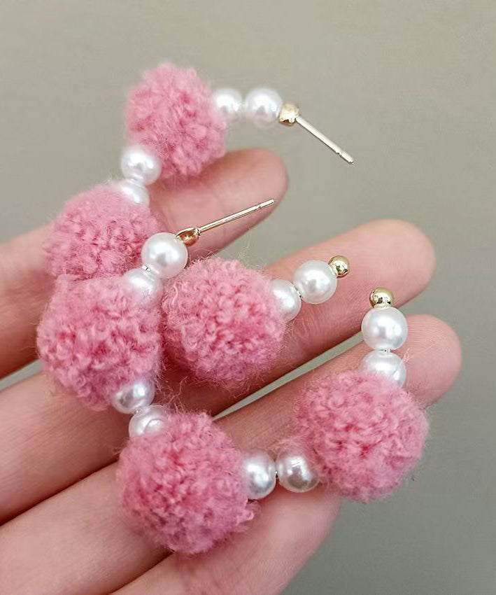 Pink Alloy Fuzzy Ball Decorated Pearl Hoop Earrings