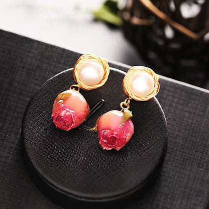 Red Gradient Color Sterling Silver Alloy Pearl Rose Drip Oil Drop Earrings