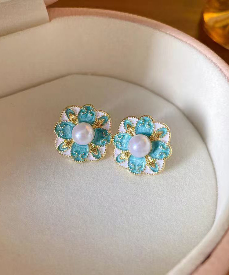 Blue Copper Pearl Stud Earrings