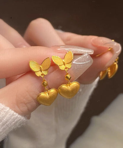 Chinese Style Gold Copper Overgild Butterfly Love Drop Earrings