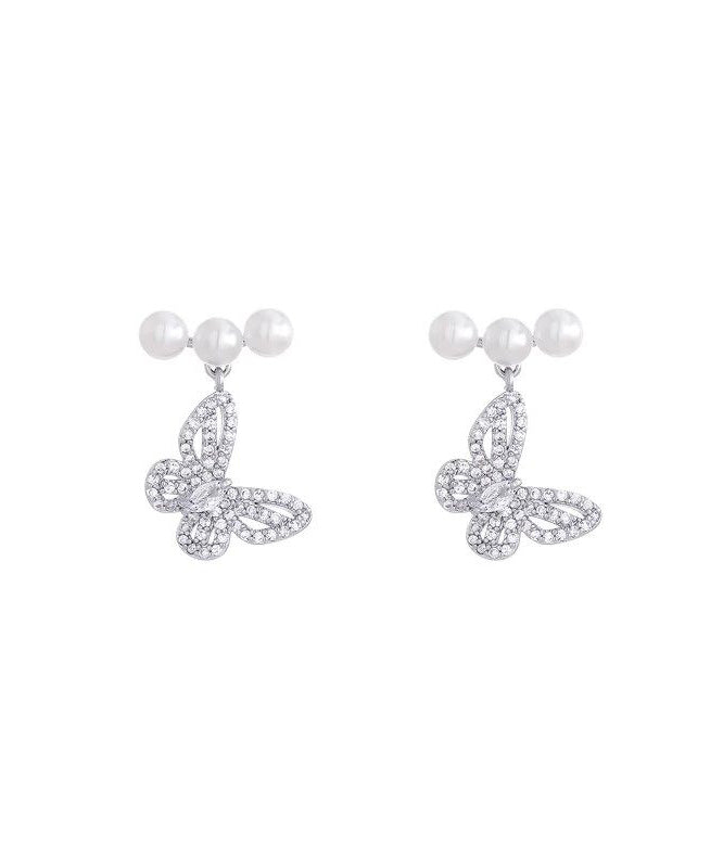 Fine Silk Copper Alloy Zircon Butterfly Pearl Drop Earrings